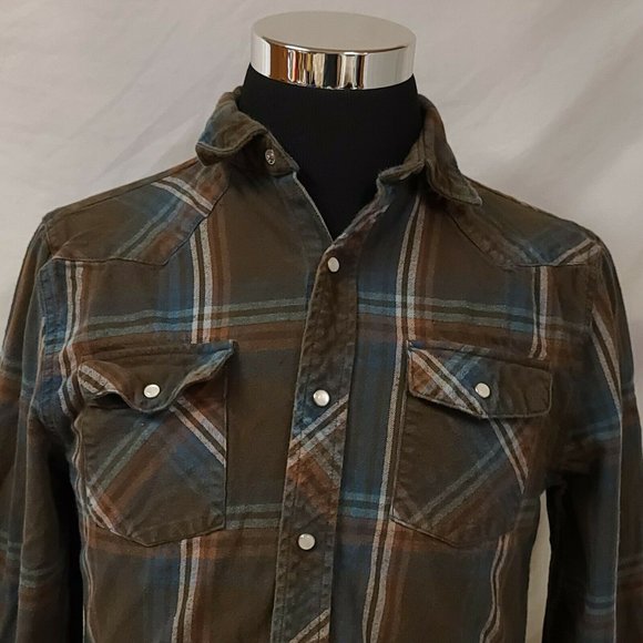 Route 66 Mens Large Brown Blue Stripe Flannel Pearl Snap Western Shirt - Picture 2 of 10